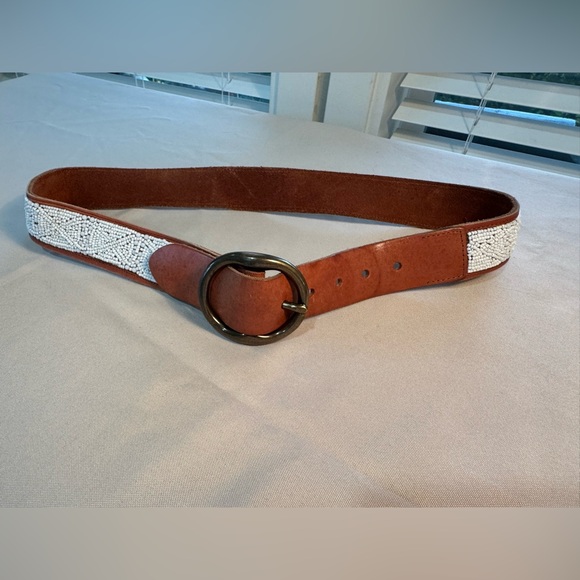 Lucky Brand Leather Beaded Belt White Small Beads Boho Western size Small - Picture 1 of 8